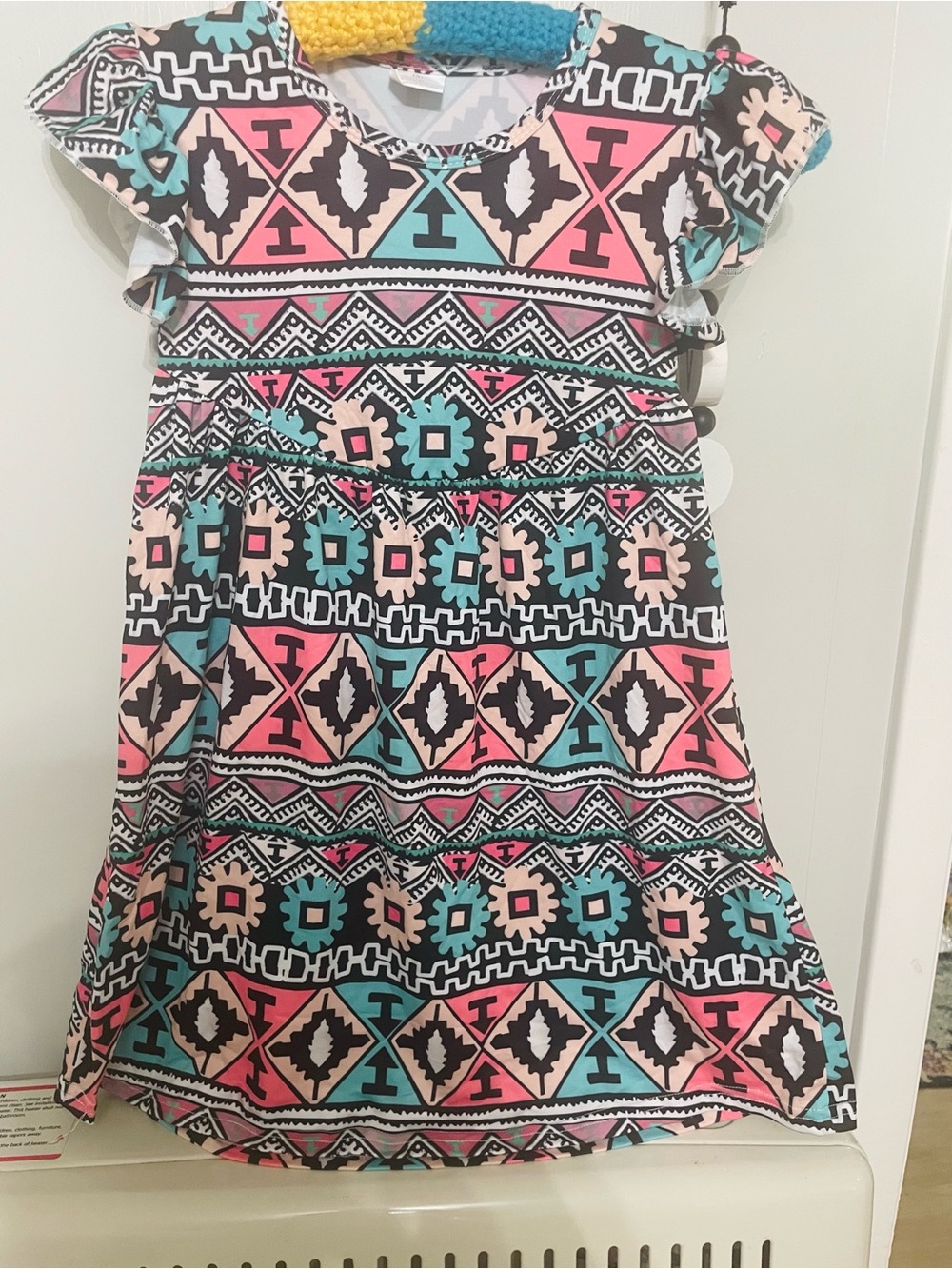 Girls' Aztec Print Short Sleeve Dress in Pink, Teal & Black